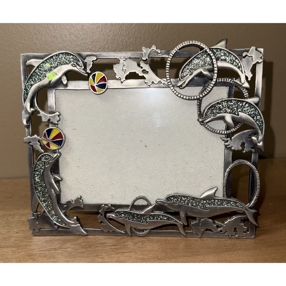 Vintage Dolphin Picture Frame Silver Tone Metal Glitter Accents Beach Ball 5x6